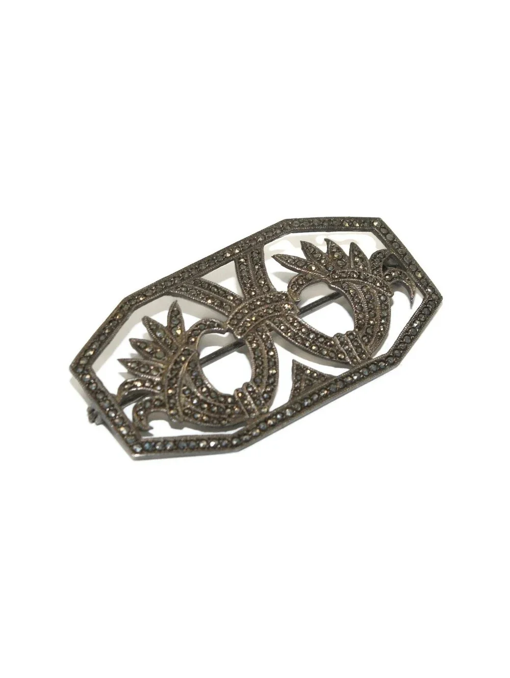 Art Deco Vintage Sterling Silver and Marcasite Floral Design Brooch.